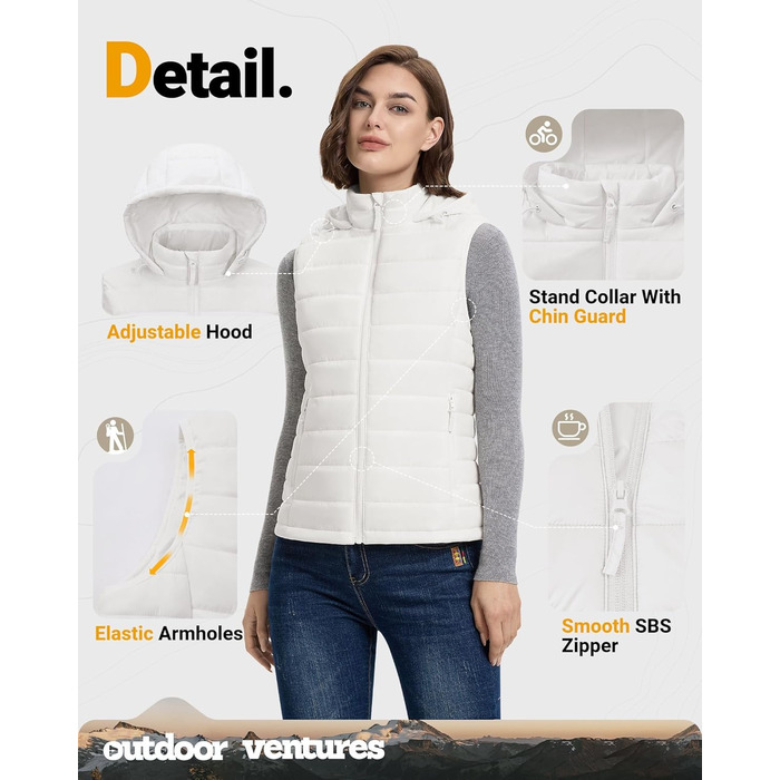 Степлева жилетка Outdoor Ventures для жінок з капюшоном, тепла велосипедна жилетка для туризму та кемпінгу, кремовий колір, XS