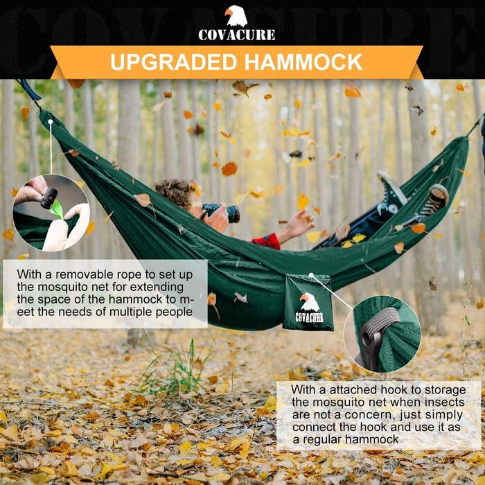 Гамак COVACURE з москітною сіткою для кемпінгу, 2-місний, 350 кг, 290x140 см, ультралегкий, для саду та туризму (зелений)