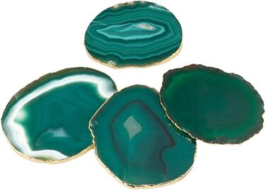 mookaitedecor Polished Natural Geode Agate Slices Coasters Set (2 Pieces), Decorative Stone Coasters for Glasses, Cups, Vases, Candles, Serving Plates, Name Cards for Wedding (Green-gold plated rim)