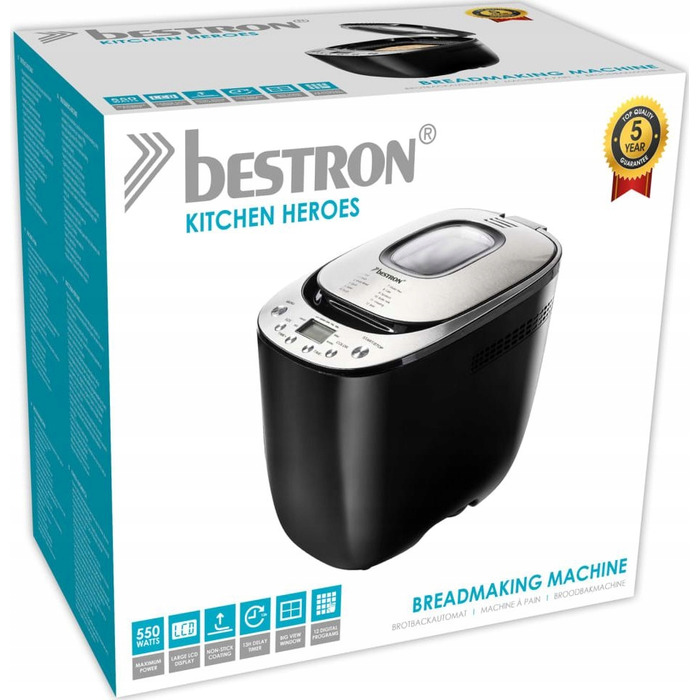 Автоматична хлібопічка Bestron ABM3000B з LCD-дисплеєм, таймером та 12 програмами