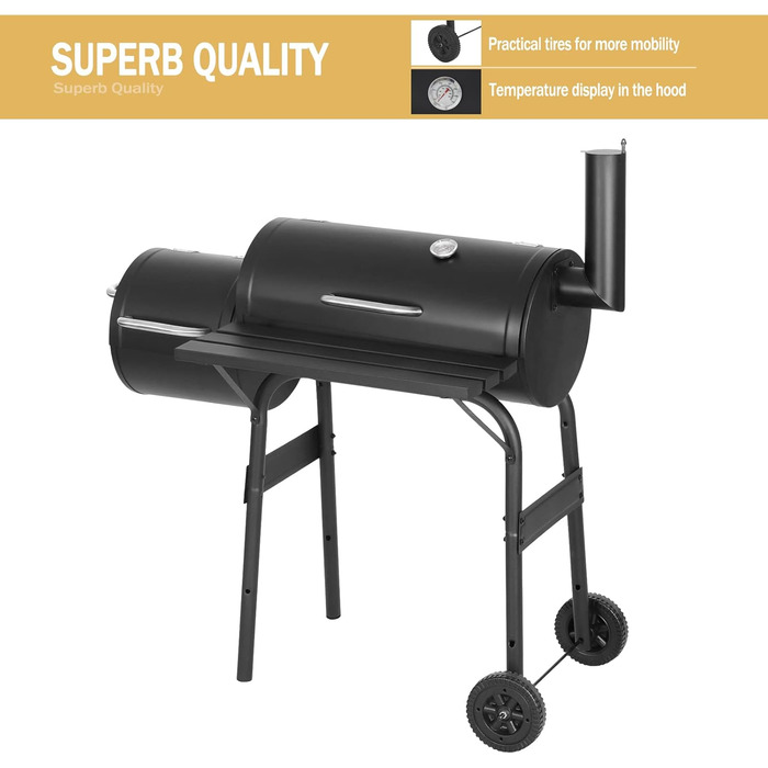 Гриль на вугіллі з кришкою Griller Outdoor, металевий гриль-вагон із колесами та робочою поверхнею, чорний садовий гриль для кемпінгу