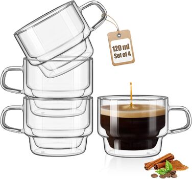 Glastal Stackable Glasses 120ml Espresso Glasses Double-Walled Espresso Cups Glass 4-Piece Set, Double-Walled Coffee Glasses Tea Glasses Espresso Cups Set for Tea, Milk, Gift for Women Men