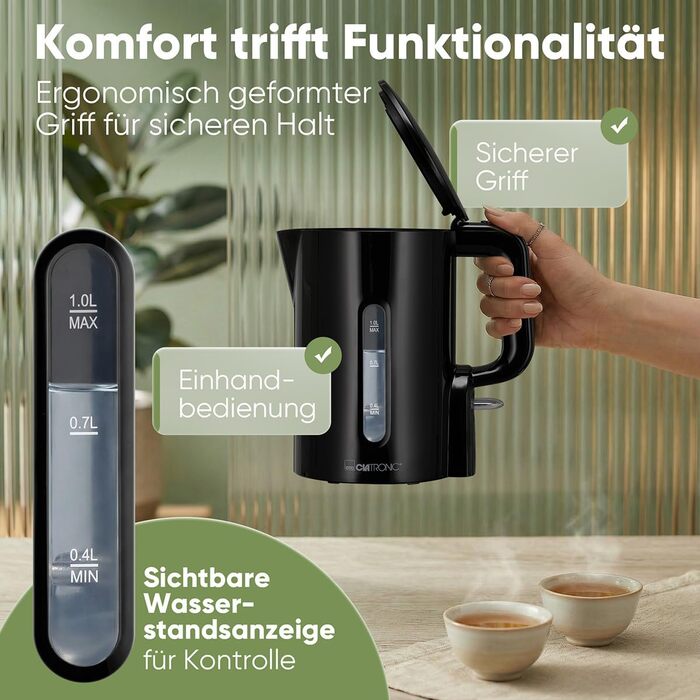 Електричний чайник Clatronic WK 3834 чорний, 1 л, 900 Вт, BPA Free, з індикатором рівня води та захистом від перегріву