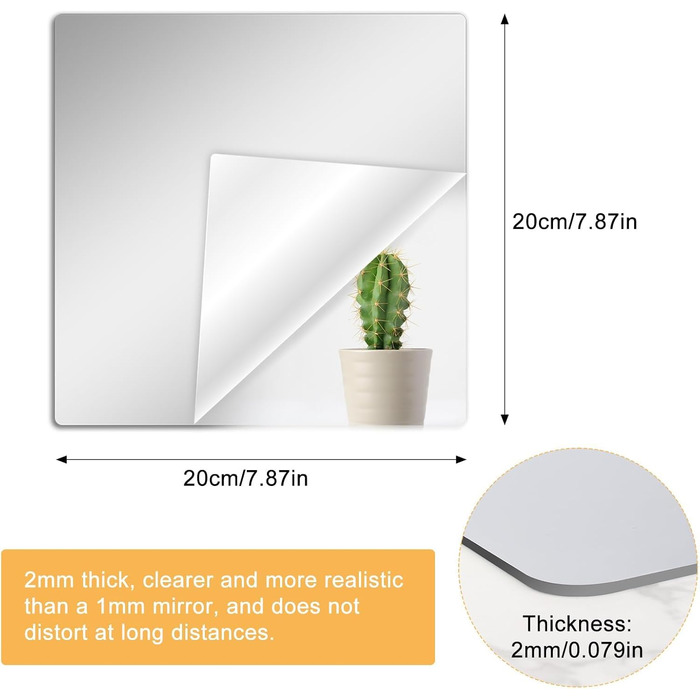 12 шт. акрилових дзеркал самоклеючих 20x20 см для ванної, вітальні, шафи | Дзеркальна плитка, настінні дзеркала