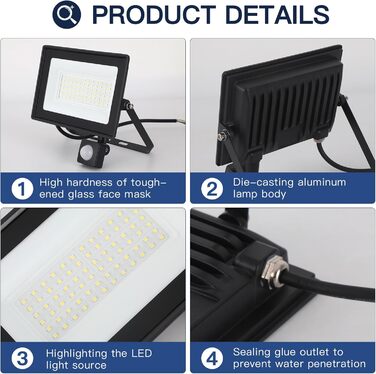 LED Floodlight 50W, Outdoor 5000LM, Spotlight 72 LED IP65 Waterproof, Outdoor Floodlight 6500K Cold White, 230V for Garage, Garden 【2 Pieces Black】 (50wgj 6500k Cold White, Motion Sensor)