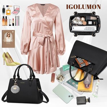 Жіноча сумка IGOLUMON шкіряна середнього розміру, сумка-тоут, сумка на ручку, чорна