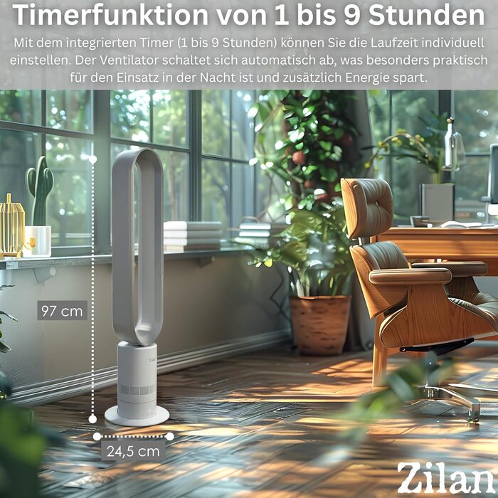 Вентилятор Zilan Turmventilator з пультом дистанційного керування BLDC – енергоефективний, 10 швидкостей/режимів, 900 м³/год, з коливанням, таймером та сенсорним дисплеєм