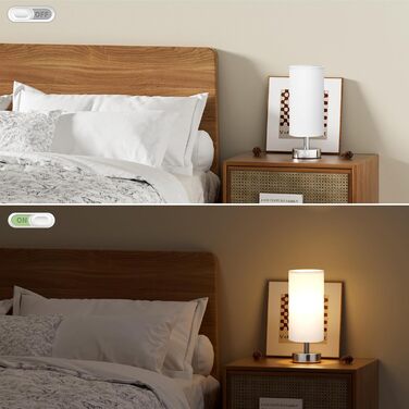 Нічна лампа Kakanuo з 3 колірними температурами, біла торшер з вимикачем, льняний абажур, маленька лампа для вітальні, спальні, офісу, дитячої кімнати (LED лампа в комплекті), біло-чорний колір (білий+срібний)