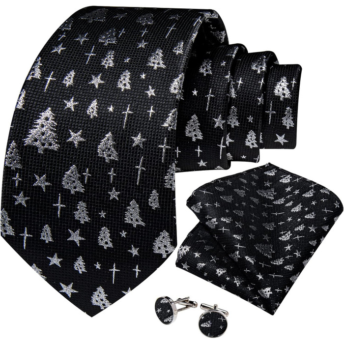 Шовкові краваткові комплекти DiBanGu на Різдво для чоловіків: краватка, нагрудна хустинка та запонки. Чорний колір, жаккардова тканина (7788)