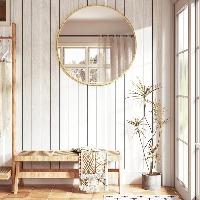 Круглий настінний дзеркало WOLTU 40 см з рамою, для ванної, спальні, вітальні, коридору, декоративний, з металу, скла, MDF, з гачком, 81x81 см, золотий