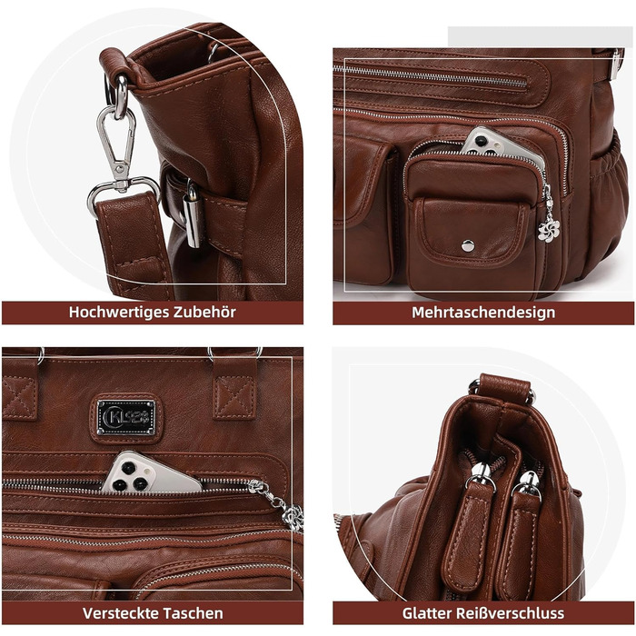 Сумка жіноча KL928 через плече, велика, з PU шкіри, чорна/каштанова - багато відділень