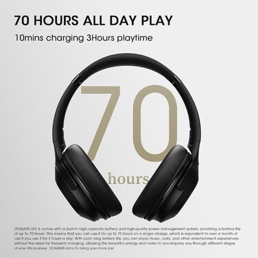 DOQAUS Бездротові Bluetooth навушники з мікрофоном, 70 годин роботи, Bluetooth 5.3, Over-Ear, 3 режими EQ, HiFi, складна конструкція, для (Чорний)
