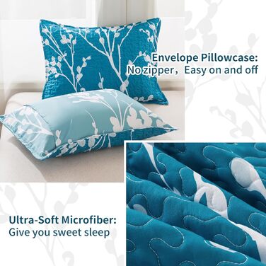 Набір постільної білизни Andency з квітковим принтом, King-Size (277x244 см), 3-частини (блакитно-зелена ковдра з принтом та 2 наволочки), літній, легкий, двосторонній, мікрофібра, блакитно-зелений, 