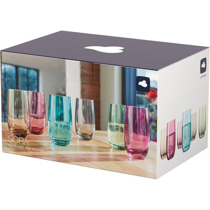 Leonardo Sora Drinking Glasses, Set of 6, Colorful Glass Set, Dishwasher-Safe Juice Glasses, Water Glasses, Drinking Cups in 6 Colors, 390 ml, Assorted Colors, 047287