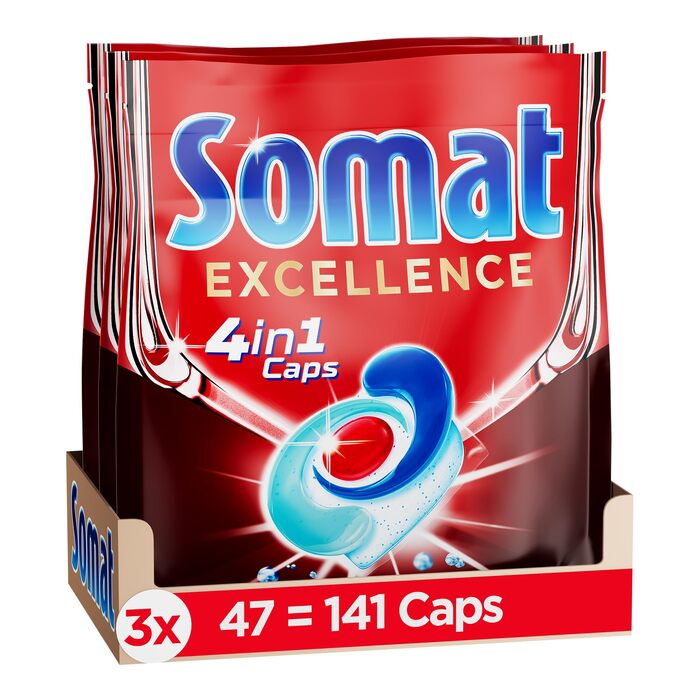 Капсули для посудомийних машин Somat Excellence 4in1, для ідеального очищення та блиску, підходять для Eco-режиму та низьких температур, 141 шт.