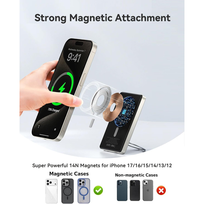 Powerbank MagSafe 10000mAh з PD 20W, бездротова зарядка, USB-C, LED-дисплей, для iPhone 17/16/15/14/13/12, серія Pro/Pro Max, Titanium Grey