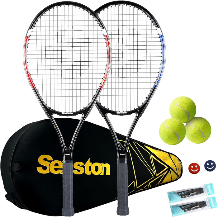 Senston Adult Tennis Racket Set - 2 Rackets, 3 Balls, 2 Grips, Vibration Dampeners (Red & Blue)