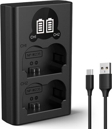Зарядний пристрій K&F CONCEPT NP-W235 з LED-дисплеєм, Dual Slot, Micro USB та Type-C, сумісний з Fujifilm X-T5, X-T4, GFX 100S, X-H2S, GFX 50S II, VG-XT4. Підтримка передачі даних.
