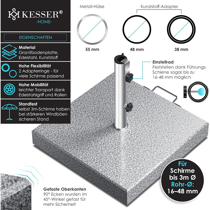 KESSER® Granit Parasol Stand with Stainless Steel Tube, High-Quality Umbrella Stand Square Base 30KG - for Umbrella Poles up to 16-48 mm, Incl. Carrying Handle Garden Balcony Parasol Stand, Grey
