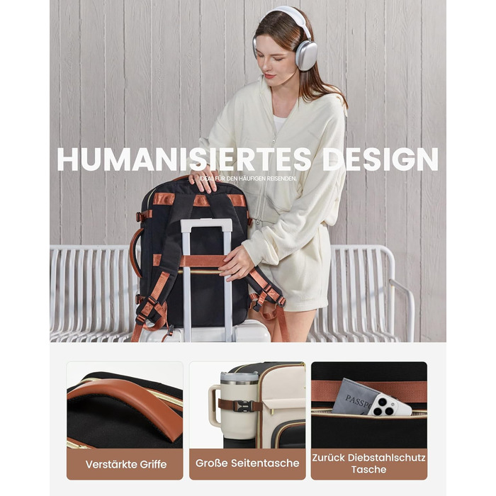 LOVEVOOK Рюкзак для ручної поклажі, 40L, для жінок з відділенням для 17-дюймового ноутбука, водонепроникний, для подорожей, роботи, бізнесу, Weekender, хакі (чорний-бежевий-коричневий)