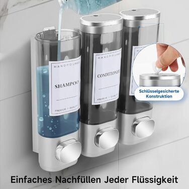 Настінний диспенсер для мила та гелю для душу з 3-ма камерами, 300 мл, ABS пластик, без свердління, для готелю та дому (срібний)
