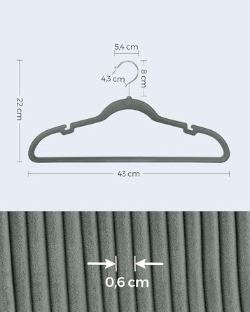 Набір вішалок SONGMICS 50 шт. для одягу, сірі, з неслизьким покриттям, з перекладиною для штанів, 360° обертовий гачок, тонкі, 43 см