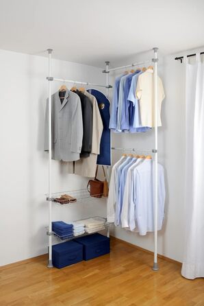 WENKO Telescopic System Hercules Duo, 3 Clothes Rails, 2 Storage Baskets, Extendable, Powder-Coated Metal, 164-215 x 165-300 x 38 cm, Matt (White, Single)