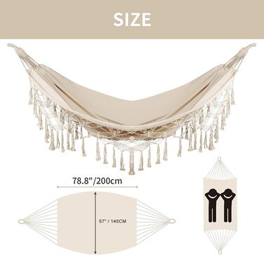 Bellzacasa Large Brazilian Hammock, Fabric Camping Hammock with Portable Bags Ropes for Hanging from Trees Soft Striped Canvas Cotton (Beige)