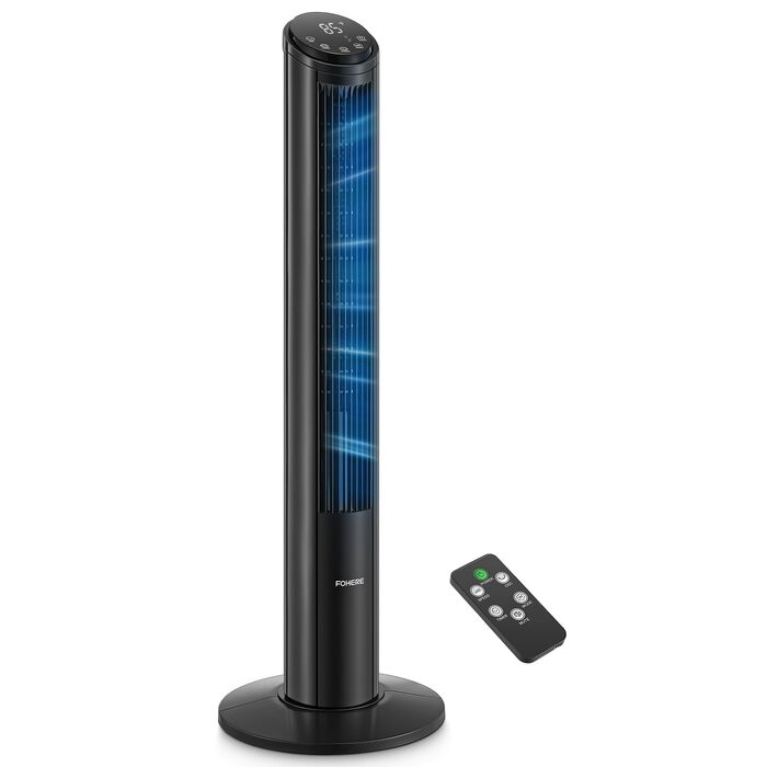 FOHERE Вентилятор Тур - Безшумний, 102 см, з пультом, 4 режими, 12 швидкостей, таймер 12 год, швидкість 7,6 м/с, для дому, спальні, офісу, чорний