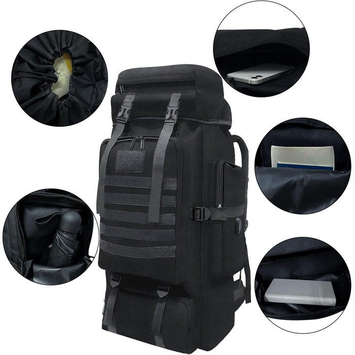 Wesoke 80L тактичний туристичний рюкзак MOLLE, водонепроникний, військовий, для походів і подорожей, велика місткість, чорний