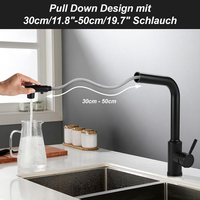 Кран кухонний висувний Cieex, 360° поворот, 4 режими, з душем, нержавіюча сталь, чорний