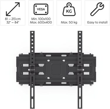 Hama TV Wall Mount Bracket (37-90 inch TV Mount, up to 220lbs, VESA 800x400, Fixed Wall Mount, Includes Fischer Anchors & Instructions, Black)