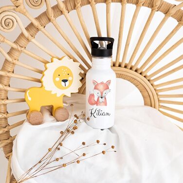 Дитяча персоналізована пляшка для води з нержавіючої сталі Wunderwunsch® (500 мл) з іменем та трубочкою - Чудовий подарунок для дитини (Лисичка)