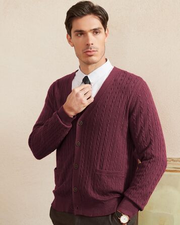 Чоловічий кардиган Kallspin з вовняної суміші, в'язаний з косами, з ґудзиками та кишенями, XL, Бордовий