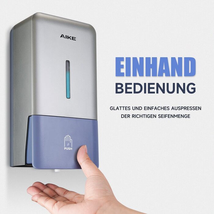AIKE AK1006 800ML Soap Dispenser Wall Mount No Drilling, Manual Wall Soap Dispenser Made of Plastic, Liquid Soap Dispenser for Public Use, Silver Gray