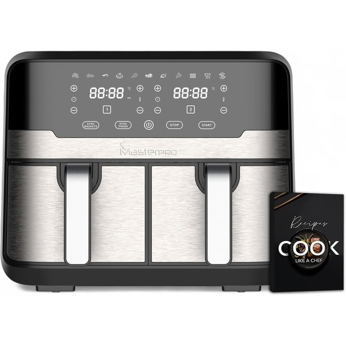 Фритюрниця MasterPRO Rocket Duo 900 | Двокамерна, 9л, 2100W, LED-touchscreen, антипригарне покриття | 11 функцій в 1 | Чорний