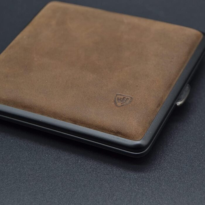 V.H. 1912 VOM HOFE MANUFACTORY Cigarette Case Genuine Leather, Handmade in Germany, Dark Brown, 85mm - Case, Cigarette Box