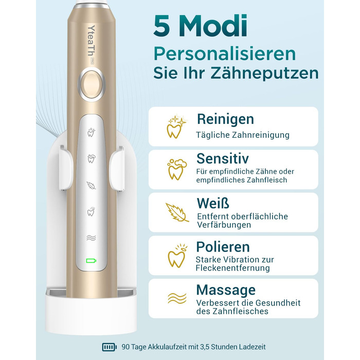 Електрична звукова зубна щітка для дорослих з 8 насадками та кейсом для подорожей, 5 режимів, водонепроникна IPX7, до 90 днів роботи від акумулятора (Золота)