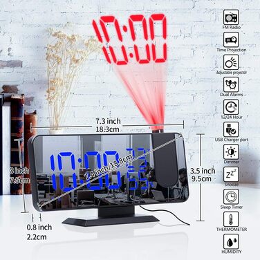 Проекційний цифровий LED-будильник з дзеркальною поверхнею, FM-радіо, USB-портом, гігрометром та термометром, подвійним сигналом будильника (Чорний)