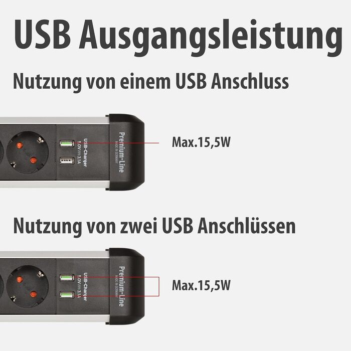 Мережевий фільтр Brennenstuhl Premium-Alu-Line на 6 розеток з USB (3.1A), 3м, алюмінієвий корпус, з вимикачем, Made in Germany