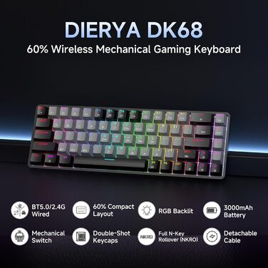 Dierya DK68 - Бездротова ігрова клавіатура з RGB підсвічуванням (68 клавіш, механічний, Linear Red Switch, QWERTY, Bluetooth/2.4GHz/USB-C)