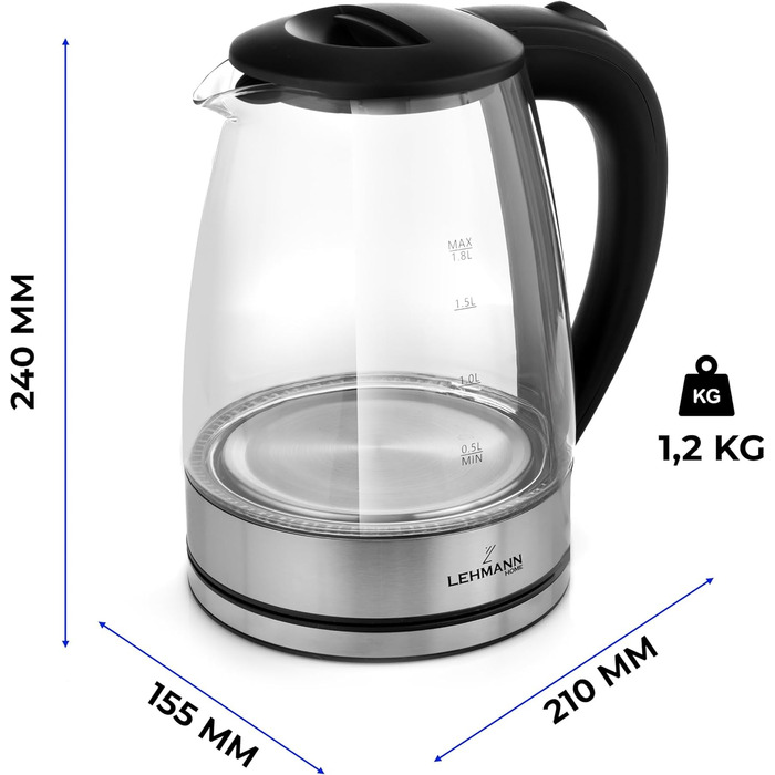 Скляний електрочайник Lehmann LHOEK-2220, 2 л, 2200 Вт, з LED-підсвічуванням, захистом від перегріву та автоматичним відключенням