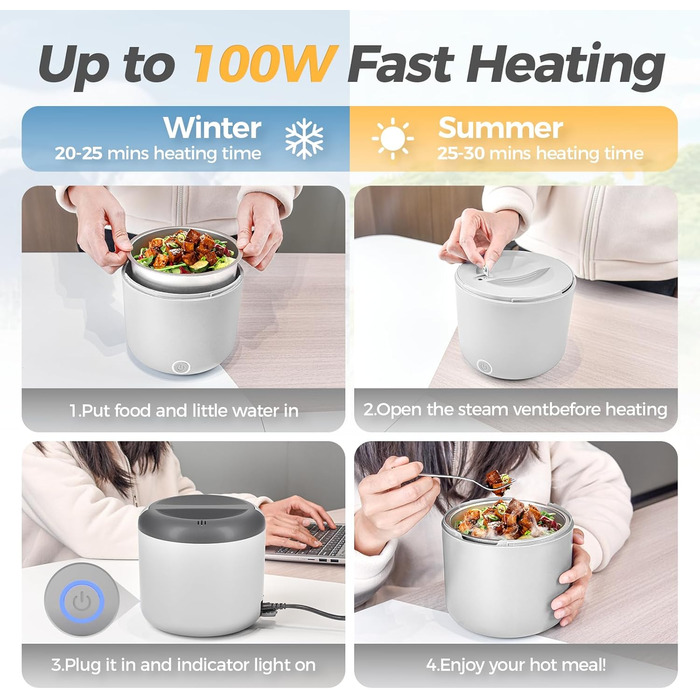 Електрична ланчбокс 80W для дорослих з термосумкою, нержавіюча сталь, виделка та ложка, 2 контейнери по 1.5л, 3-в-1, 12/24/110~230V, витокозахист, ланчбокс для авто, вантажівки, офісу (сірий, 1.2л, євро-штекер)