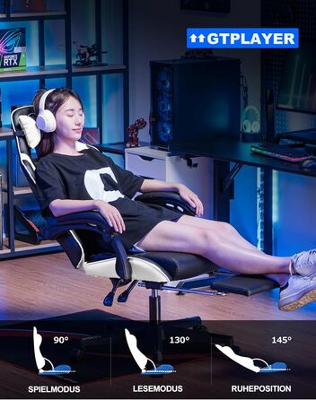Ігрове крісло GTPLAYER біле, ергономічне, з підставкою для ніг, регульованими подушками для попереку та голови, офісне крісло для геймерів, навантаження до 150 кг