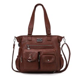 Сумка жіноча KL928 через плече, велика, з PU шкіри, чорна/каштанова - багато відділень