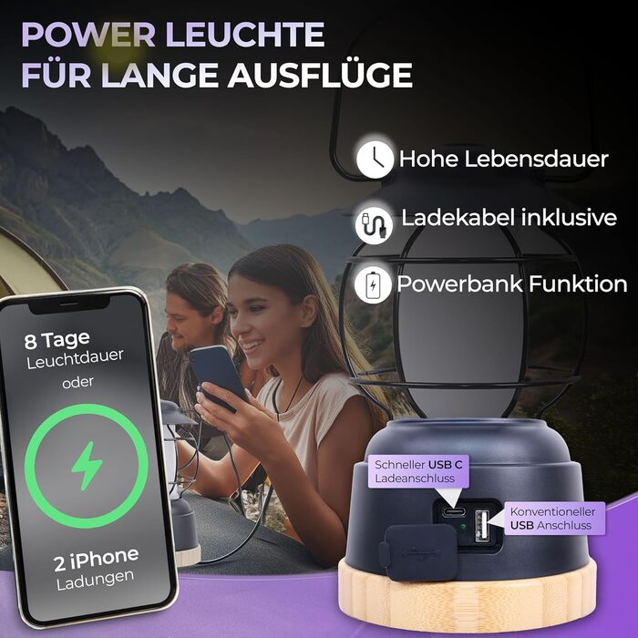 Outdoor LED Camping Lantern AdventureLight - Weatherproof Battery-Powered Camping Lamp with up to 200h Runtime, Steplessly Dimmable, 2 Color Temperatures: Cozy & Refreshing, 390 Lumens, USB Rechargeable