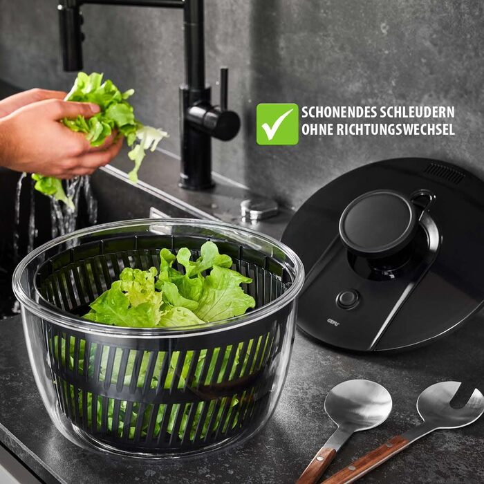 GEFU Салатоотжим - 5 л, з механізмом Push, вбудований виливний носик, кнопка зупинки, неслизький, придатний для миття в посудомийній машині (Чорний/Прозорий)