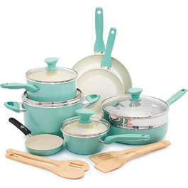 GreenPan Rio Healthy Ceramic Non-Stick 16-Piece Cookware Set with Frying Pans, Sauce Pans, PFAS-Free, Stay-Cool Handle, Oven Safe up to 160°C, Dishwasher Safe, Turquoise & Crème Cookware Set 16-Piece Turquoise & Crème