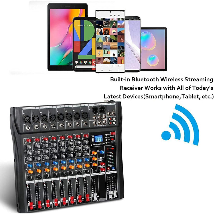 Depusheng DA8 Професійний 8-канальний стерео аудіомікшер Bluetooth USB, з підсилювачем, фантомним живленням і записом для комп'ютера