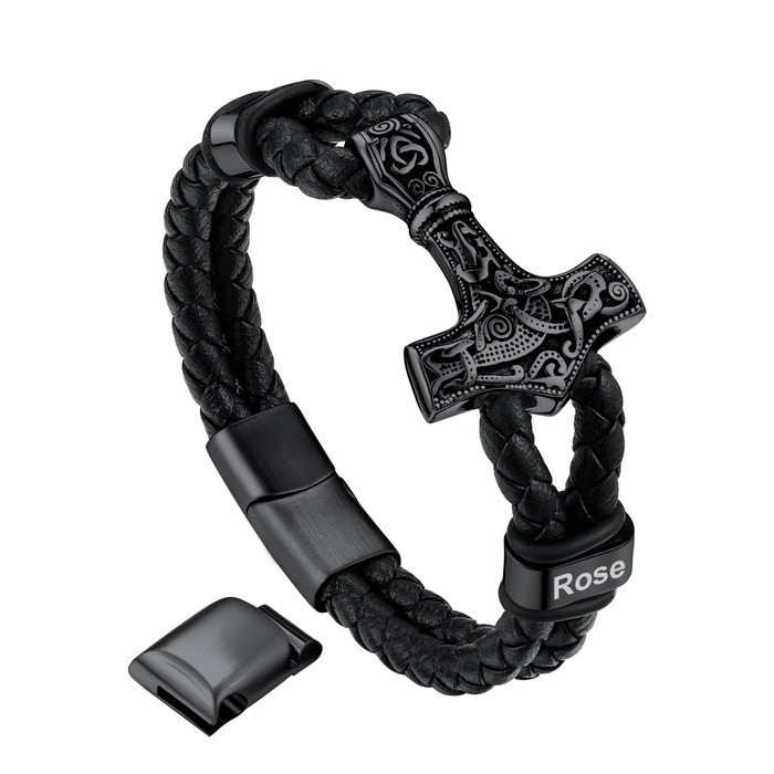 Браслет шкіряний чоловічий Bandmax Mjölnir/Череп/Масонство, магнітний замок, 23 см